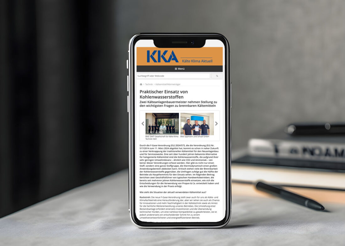 Fachbeitrag von KKA über Verwendung von Kohlenwasserstoffen bei Klimaanlagen auf Iphone Display